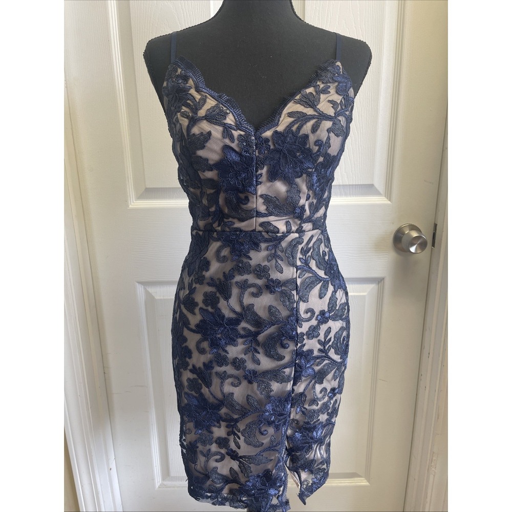Honey & Rosie Dress Sheer Metallic Embroidered‎ Cocktail Mini Shimmer Blue 3